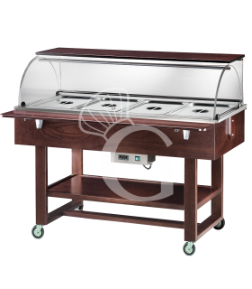 Vitrina buffet baño maría, en madera wengué, con cúpula y estante para 4 cubetas GN1/1 y temperatura +30°C/+90°C