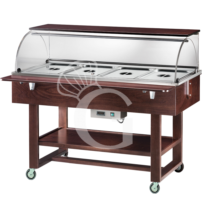 Vitrina buffet baño maría, en madera wengué, con cúpula y estante para 4 cubetas GN1/1 y temperatura +30°C/+90°C