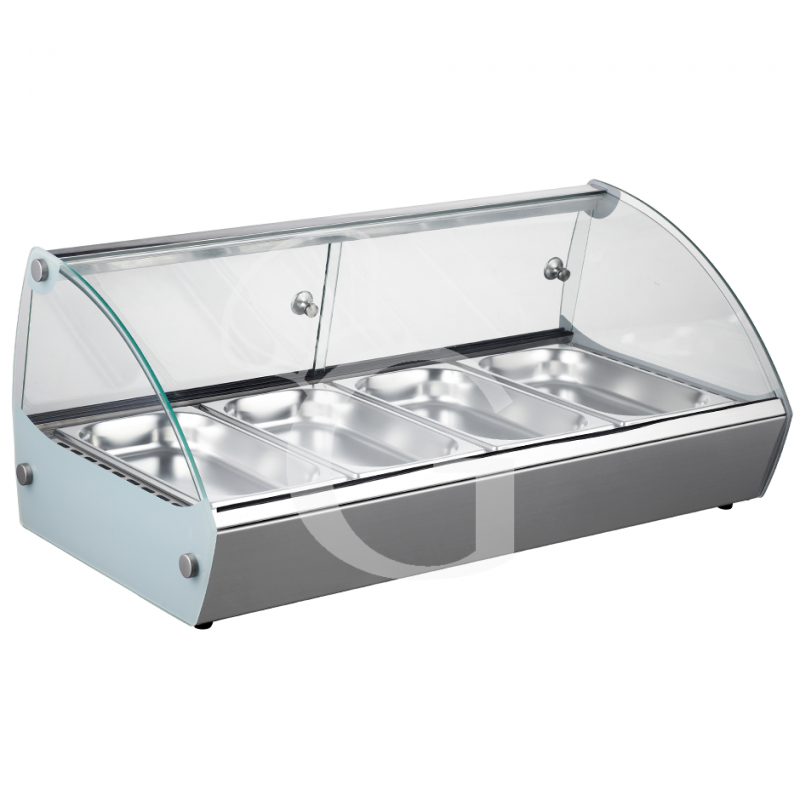 Vitrina caliente de acero inoxidable y vidrio 4 cubetas GN1/3 A 40 mm L 773 mm x P 420 mm x A 336 mm