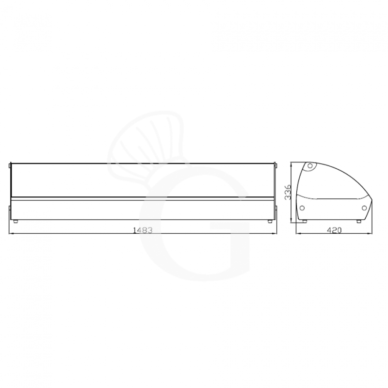 Vitrina caliente de acero inoxidable y vidrio 8 cubetas GN1/3 A 40 mm L 1483 mm x P 420 mm x A 336 mm