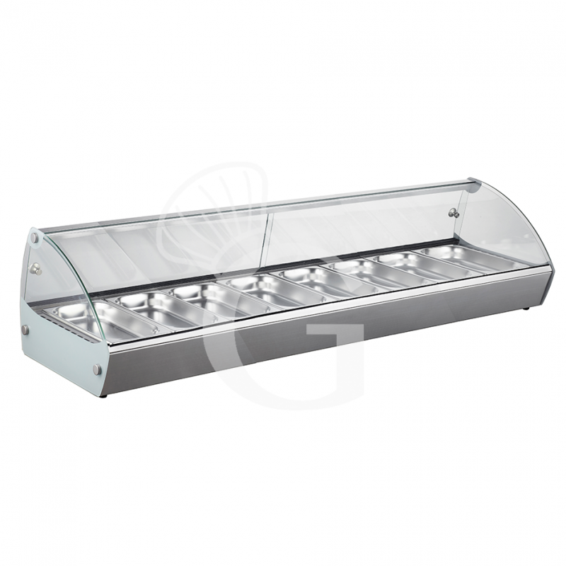 Vitrina caliente de acero inoxidable y vidrio 8 cubetas GN1/3 A 40 mm L 1483 mm x P 420 mm x A 336 mm