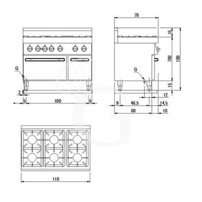 Cocina de gas profesional con 6 fuegos, armario, profundidad 700 mm