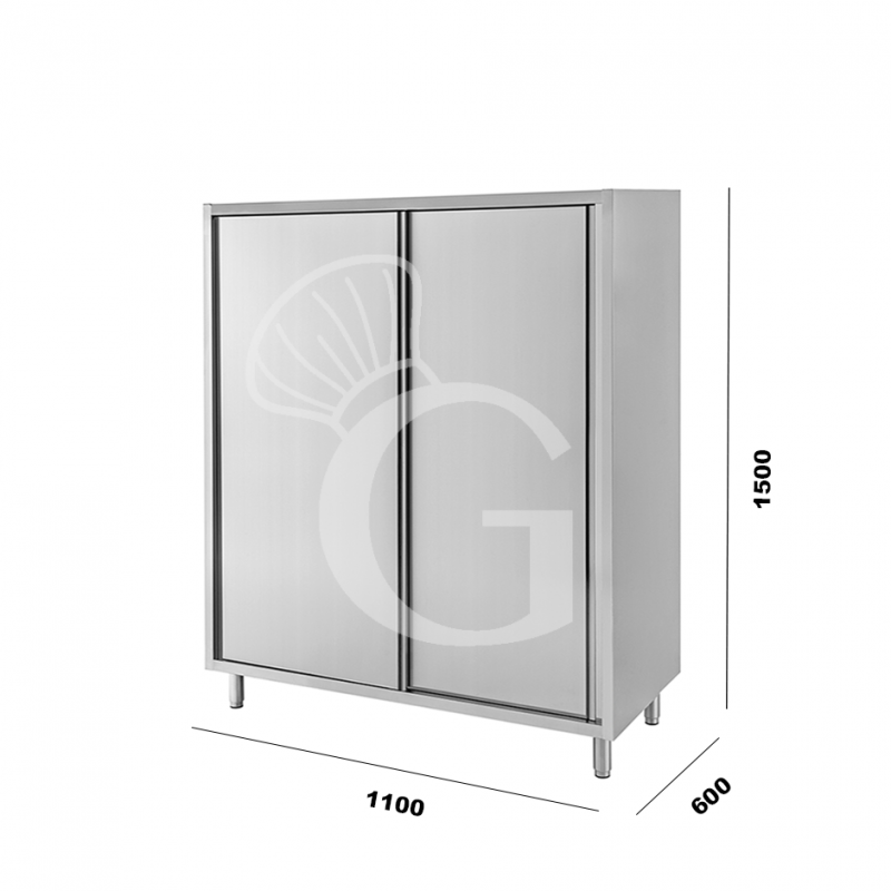 Armario de acero inoxidable con 2 puertas correderas, 2 estantes, L 1100 mm x P 600 mm x A 1500 mm