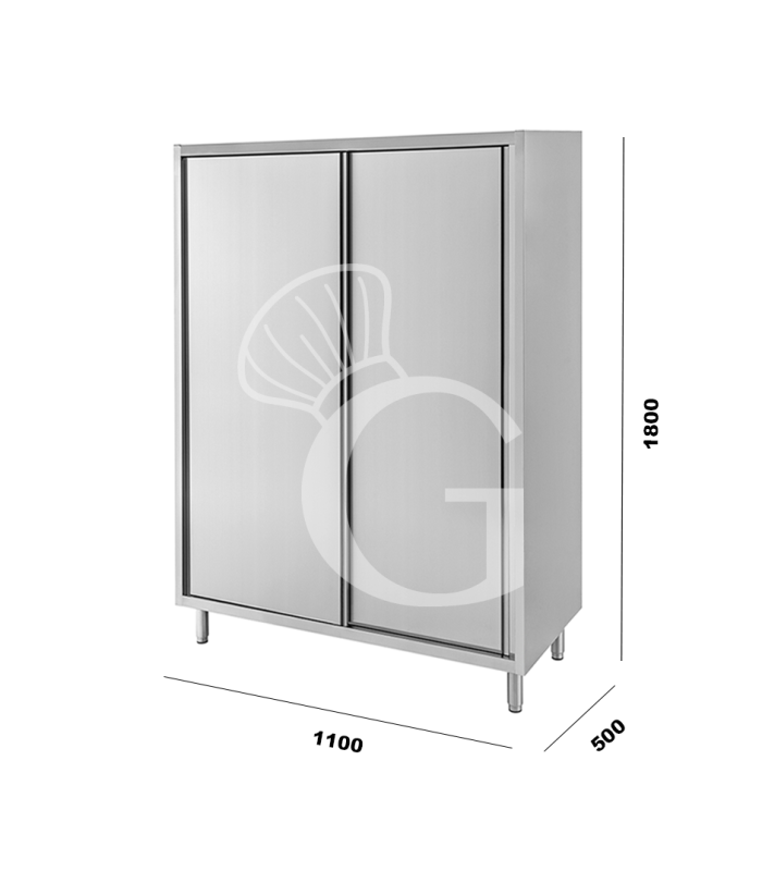Armario de acero inoxidable con 2 puertas correderas, 3 estantes, L 1100 mm x P 500 mm x A 1800 mm
