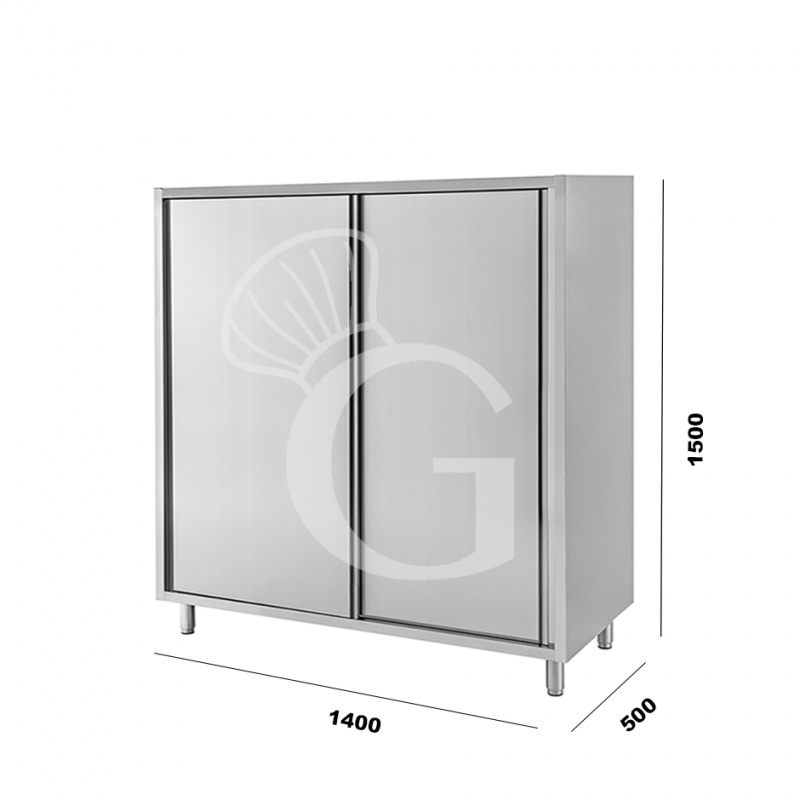 Armario de acero inoxidable con 2 puertas correderas, 2 estantes, L 1400 mm x P 500 mm x A 1500 mm