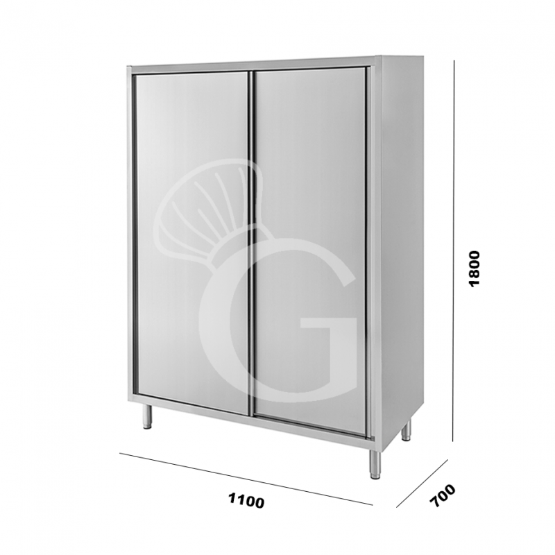 Armario de acero inoxidable con 2 puertas correderas, 3 estantes, L 1100 mm x P 700 mm x A 1800 mm