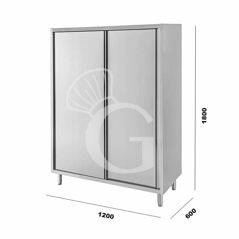 Armario de acero inoxidable con 2 puertas correderas, 2 estantes, L 1200 mm x P 600 mm x A 1800 mm