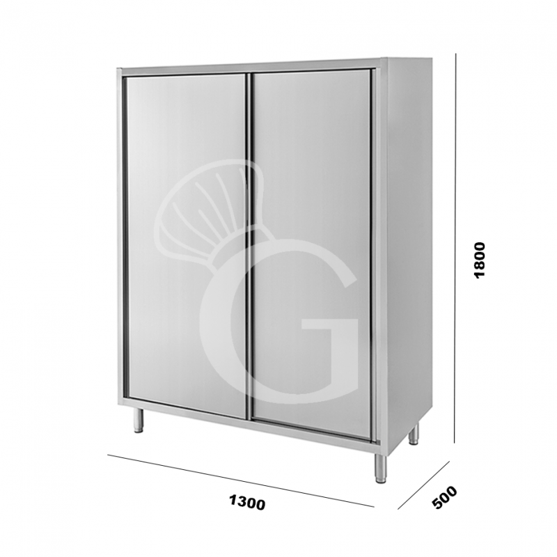 Armario de acero inoxidable con 2 puertas correderas, 3 estantes, L 1300 mm x P 500 mm x A 1800 mm