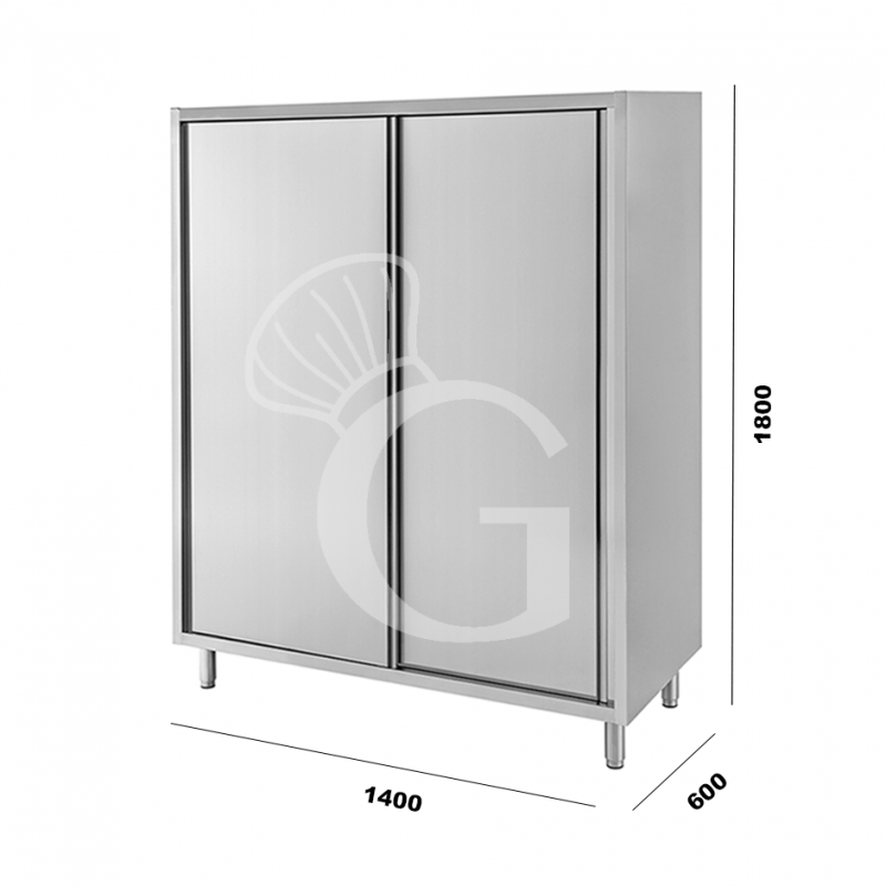 Armario de acero inoxidable con 2 puertas correderas, 3 estantes, L 1400 mm x P 600 mm x A 1800 mm