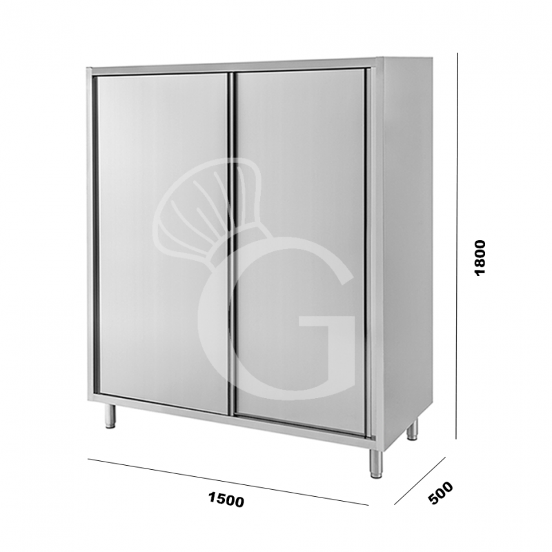 Armario de acero inoxidable con 2 puertas correderas, 3 estantes, L 1500 mm x P 500 mm x A 1800 mm
