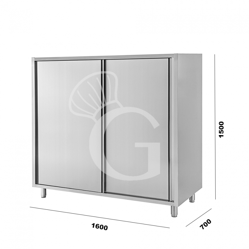 Armario de acero inoxidable con 2 puertas correderas, 2 estantes, L 1600 mm x P 700 mm x A 1500 mm