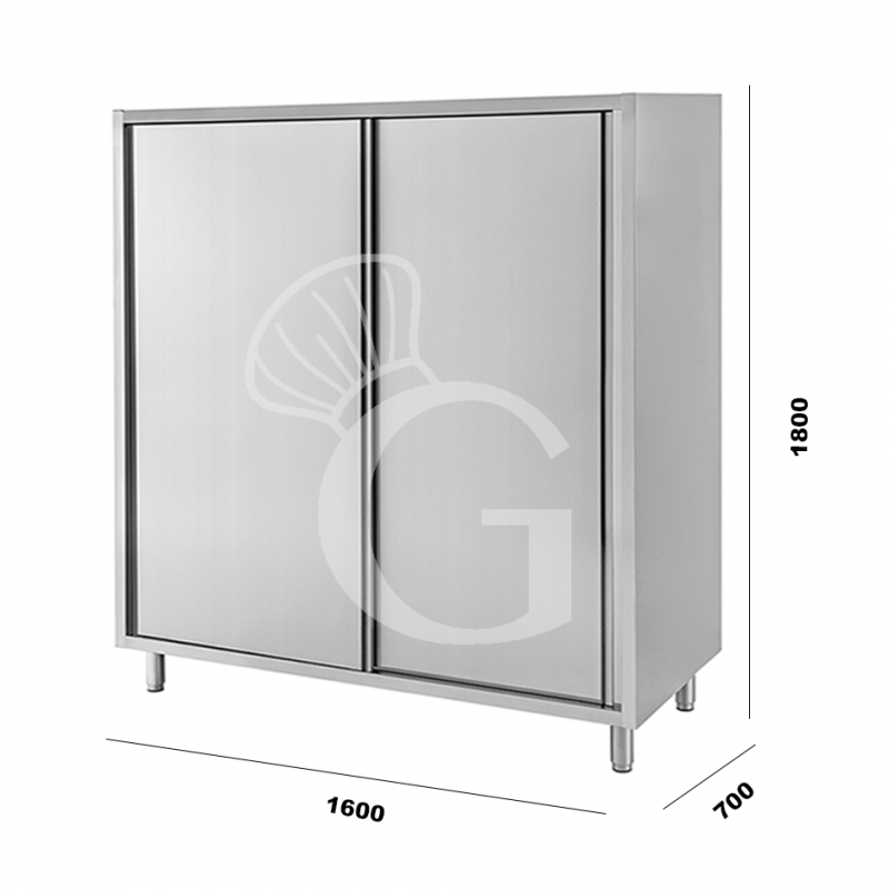 Armario de acero inoxidable con 2 puertas correderas, 3 estantes, L 1600 mmx P 700 mm x A 1800 mm