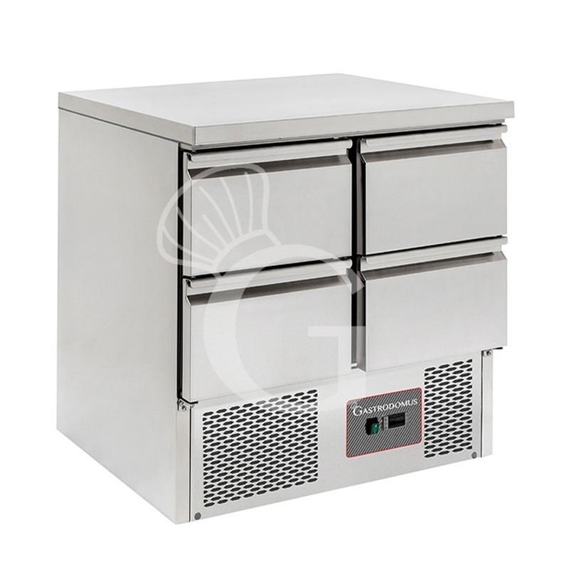 Mesa Refrigerada para ensaladas estática con 4 cajones, tapa de acero inoxidable y temperatura de +2°C/+8°C