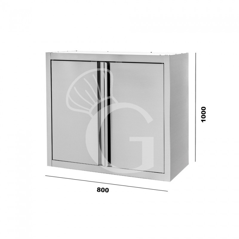 Armario de pared de acero inoxidable con 2 puertas batientes y 2 estantes, L 800 mm x P 400 mm x A 1000 mm