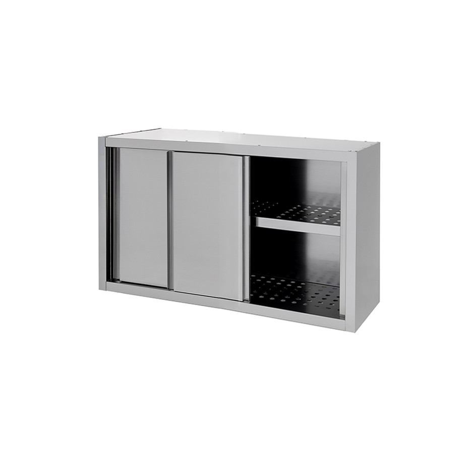 Armario de pared de acero inoxidable con escurridor, puertas correderas, 1 estante perforado, L 1100 mm x P 400 mm x A 660 mm