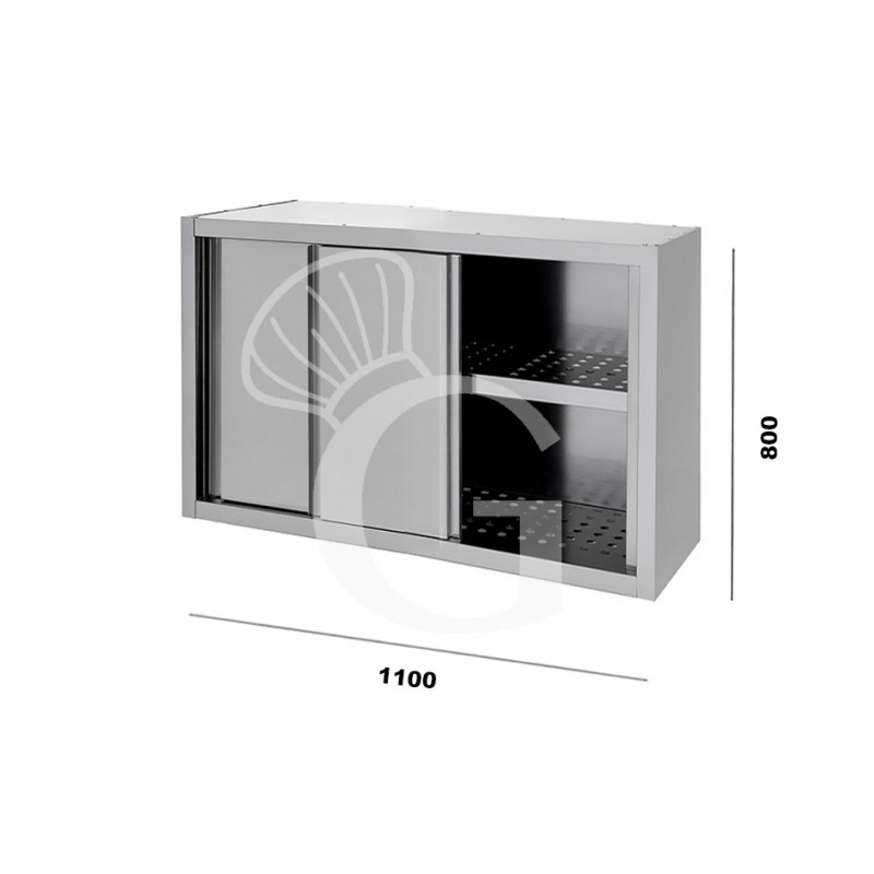 Armario de pared de acero inoxidable con escurridor, puertas correderas, 1 estante perforado, L 1100 mm x P 400 mm x A 800 mm