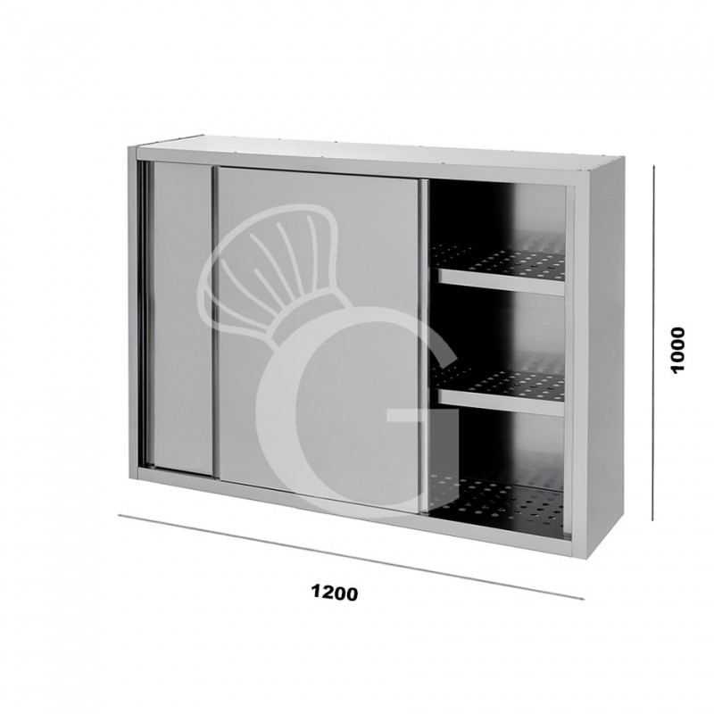 Armario de pared de acero inoxidable con escurridor, puertas correderas, 2 estantes perforados, L 1200 mm x P 400 mm x A 1000 mm