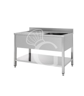 Fregadero inox con 1 cubeta y escurridor a la izquierda, estante y peto L 1300 mm x P 600 mm x A 950 mm