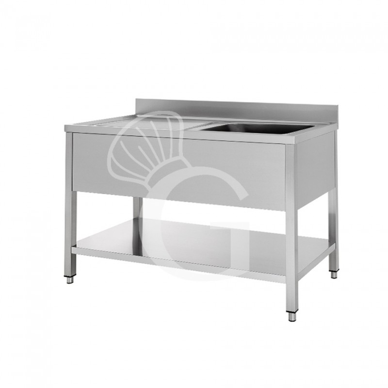 Fregadero inox con 1 cubeta y escurridor a la izquierda, estante y peto L 1300 mm x P 600 mm x A 950 mm