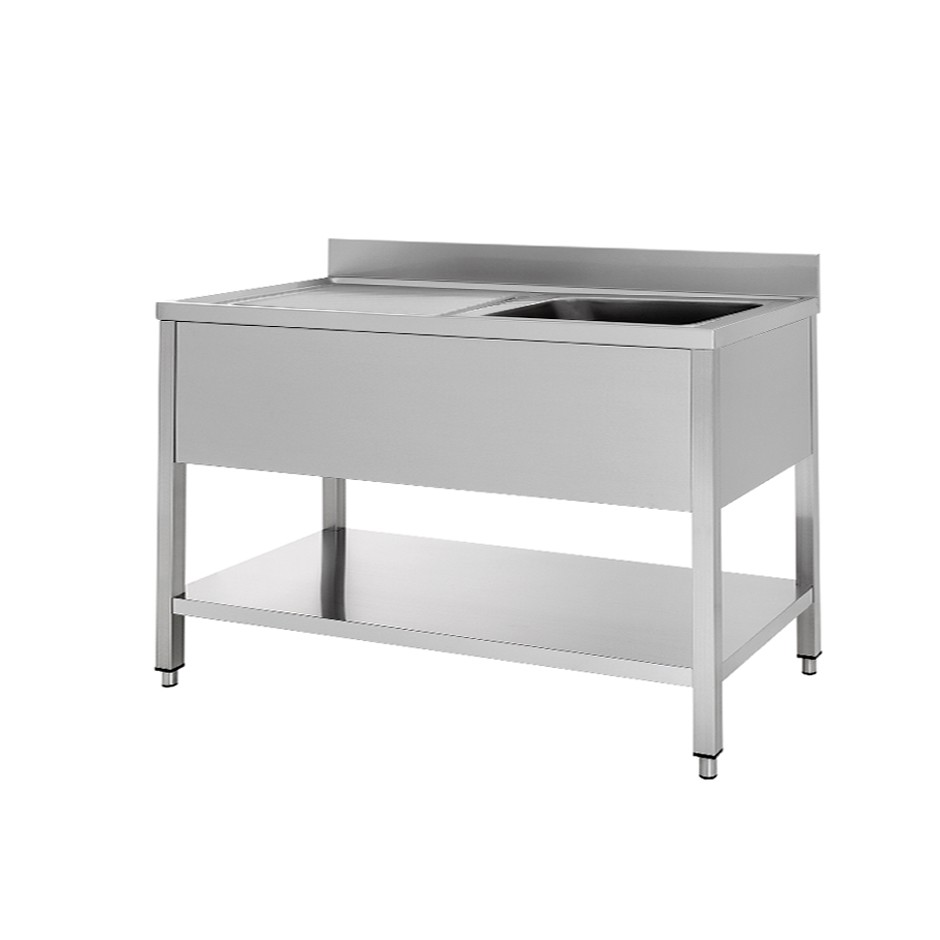 Fregadero inox con 1 cubeta y escurridor a la izquierda, estante y peto L 1300 mm x P 600 mm x A 950 mm