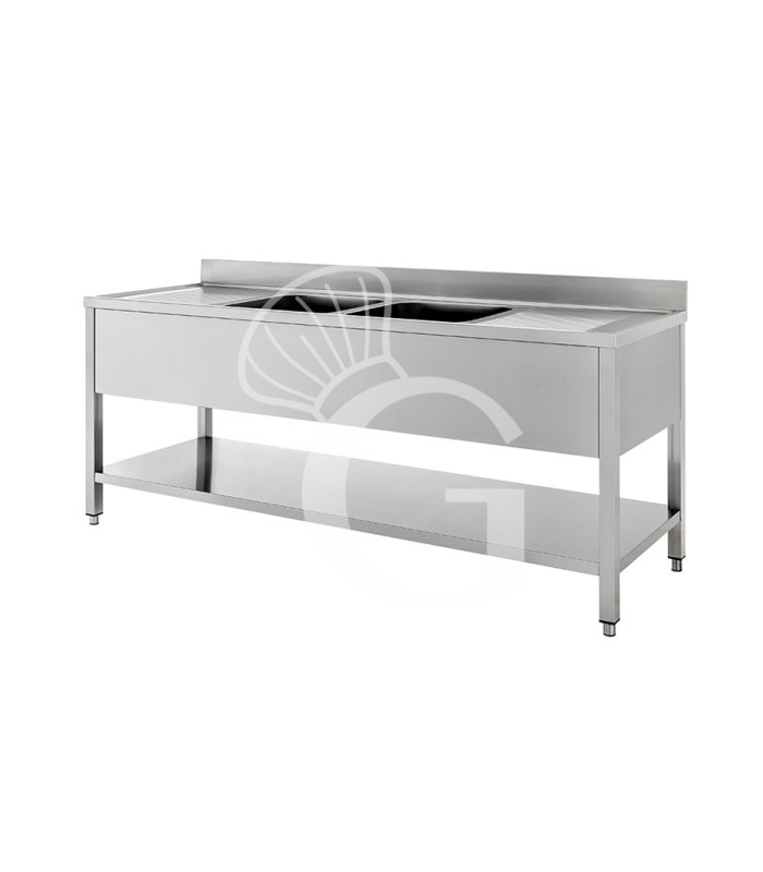 Fregadero inox con 2 cubetas y 2 escurridores, estante y peto L 2200 mm x P 600 mm x A 950 mm