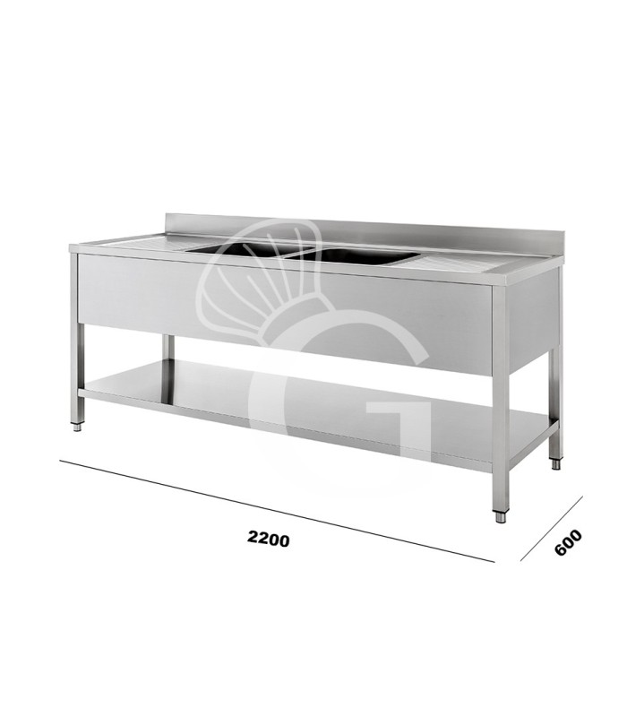 Fregadero inox con 2 cubetas y 2 escurridores, estante y peto L 2200 mm x P 600 mm x A 950 mm
