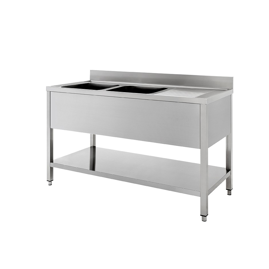 Fregadero inox con 2 cubetas y escurridor a la derecha, estante y peto L 1400 mm x P 700 mm x A 950 mm