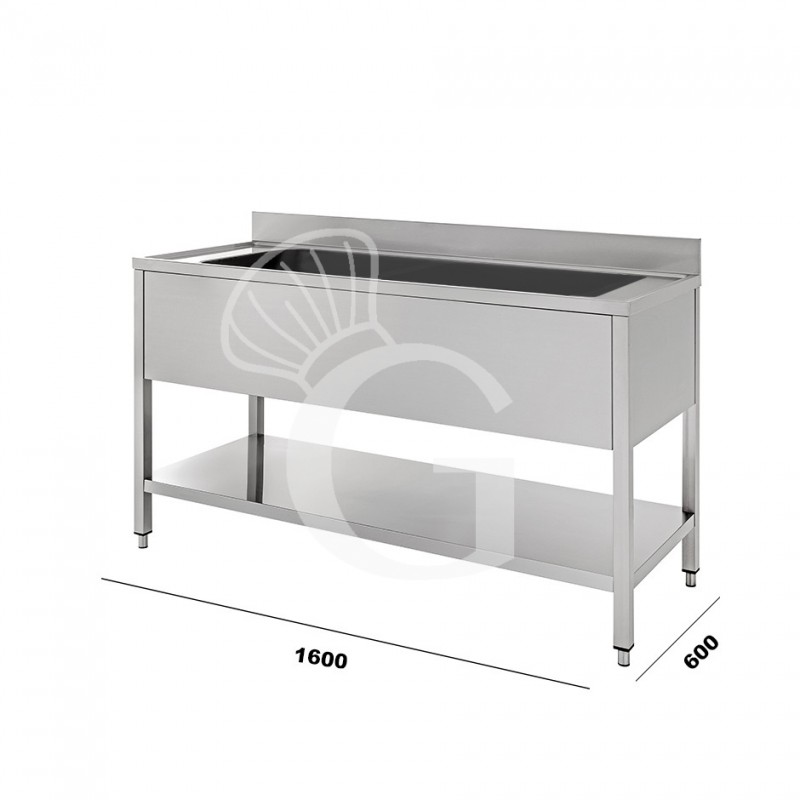 Fregadero para ollas de acero inoxidable con 1 estante, peto trasero, 1 cuba L 1600 mm x P 600 mm x A 950 mm
