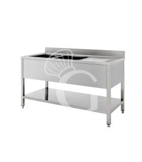 Fregadero inox con 2 cubetas y escurridor a la derecha, estante y peto L 1600 mm x P 700 mm x A 950 mm