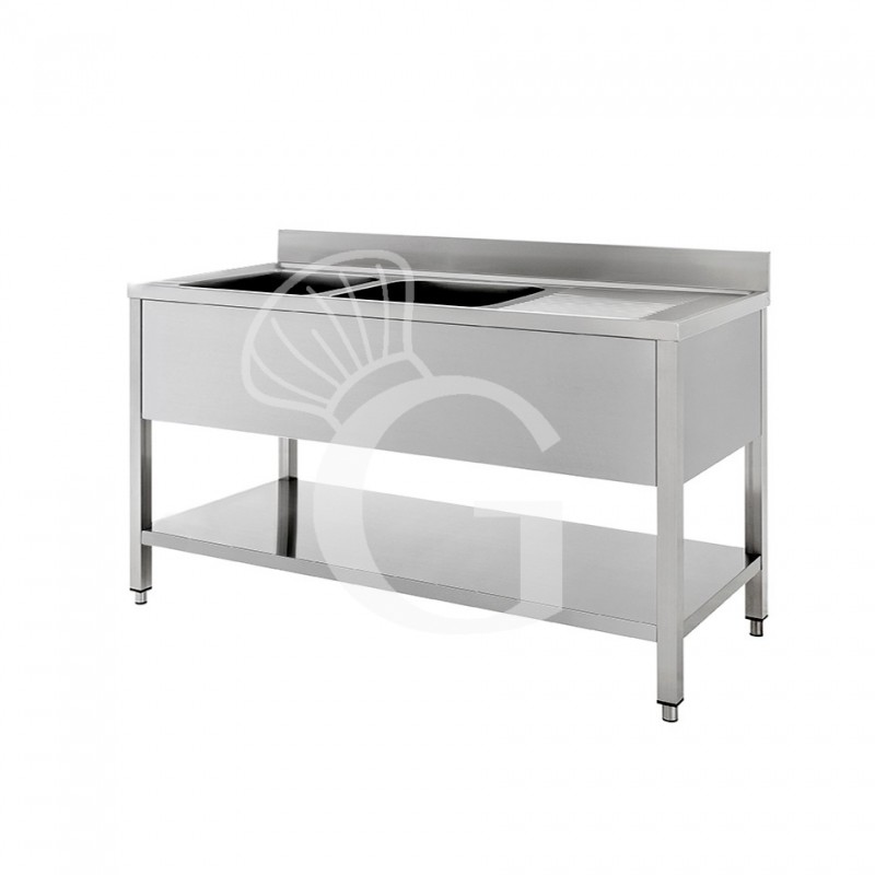 Fregadero inox con 2 cubetas y escurridor a la derecha, estante y peto L 1600 mm x P 700 mm x A 950 mm