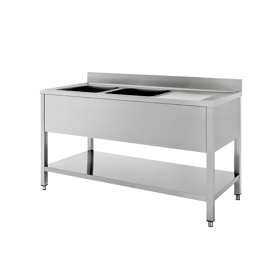 Fregadero inox con 2 cubetas y escurridor a la derecha, estante y peto L 1600 mm x P 700 mm x A 950 mm