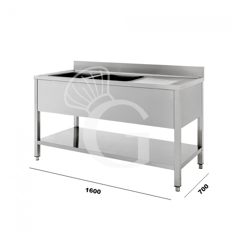 Fregadero inox con 2 cubetas y escurridor a la derecha, estante y peto L 1600 mm x P 700 mm x A 950 mm