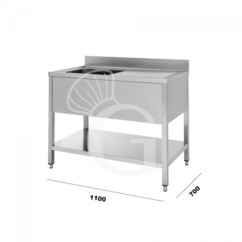 Fregadero inox con 1 cubeta y escurridor a la derecha, estante y peto L 1100 mm x P 700 mm x A 950 mm