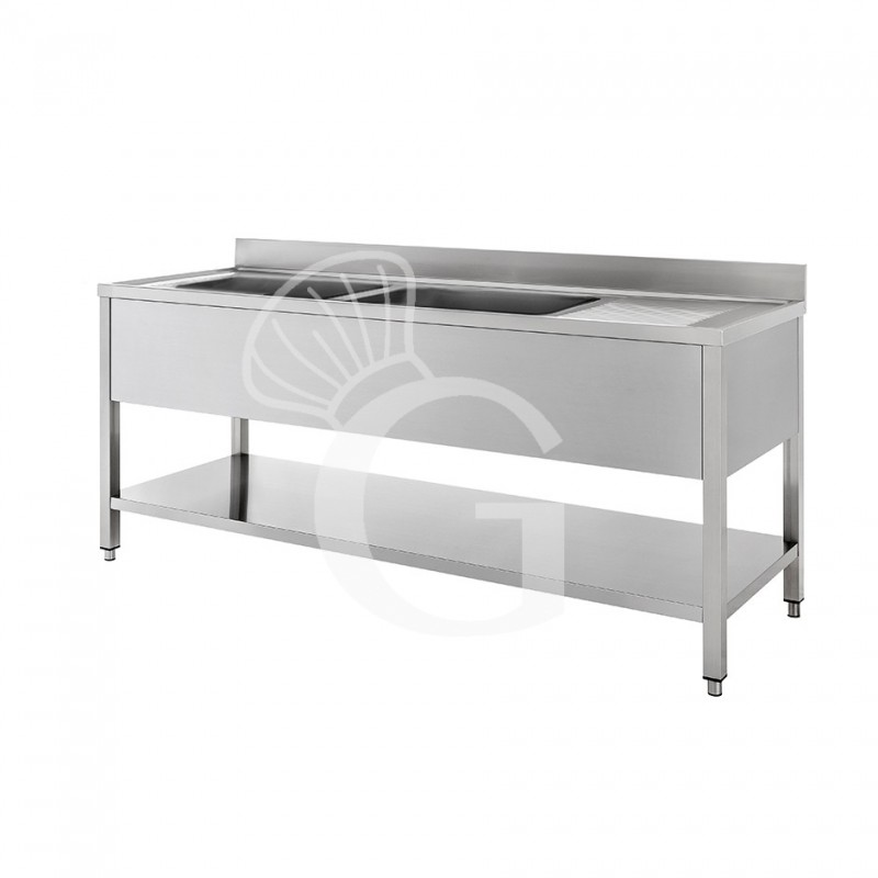 Fregadero inox con 2 cubetas y escurridor a la derecha, estante y peto L 2000 mm x P 700 mm x A 950 mm