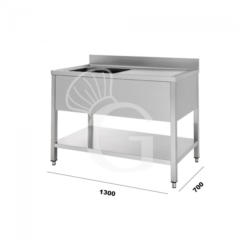 Fregadero inox con 1 cubeta y escurridor a la derecha, estante y peto L 1300 mm x P 700 mm x A 950 mm