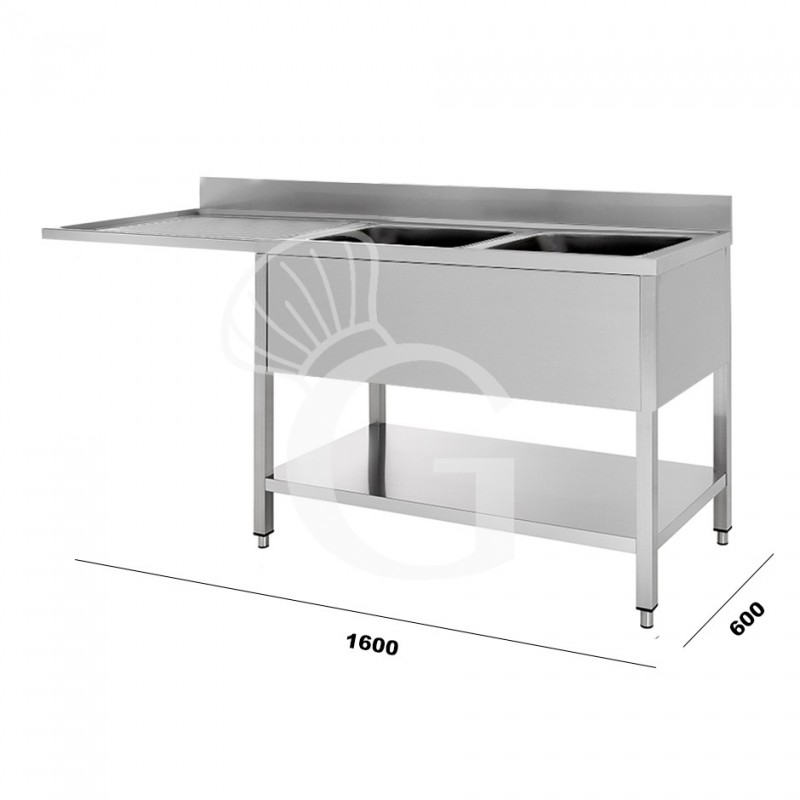 Fregadero con hueco para lavavajillas, 2 cubetas, escurridor a la izquierda L 1600 mm x P 600 mm x A 950 mm