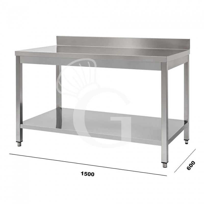 Mesa de acero inoxidable con estante inferior y peto L 1500 mm x P 600 mm x A 950 mm