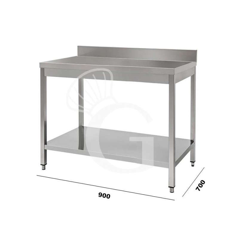 Mesa de acero inoxidable con estante inferior y peto L 900 mm x P 700 mm x A 950 mm