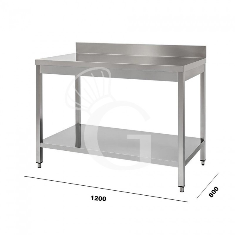 Mesa de acero inoxidable con estante inferior y peto L 1200 mm x P 800 mm x A 950 mm
