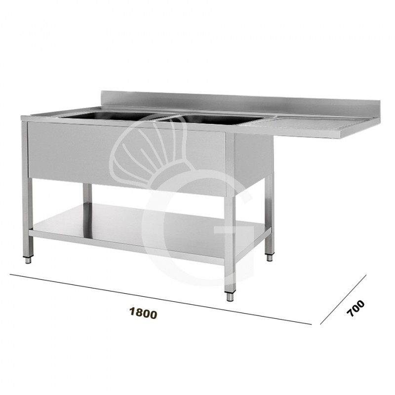 Fregadero con bastidor y hueco para lavavajillas, 2 cubetas, escurridor a la derecha L 1800 mm x P 700 mm x A 950 mm