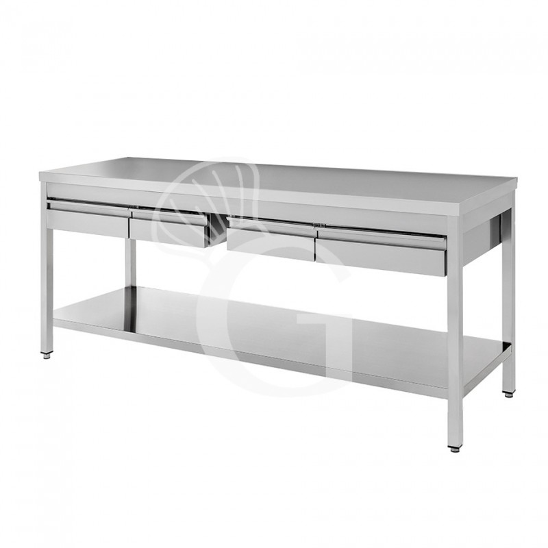 Mesa de acero inoxidable con estante y 4 cajones L 2000 mm x P 600 mm x A 850 mm