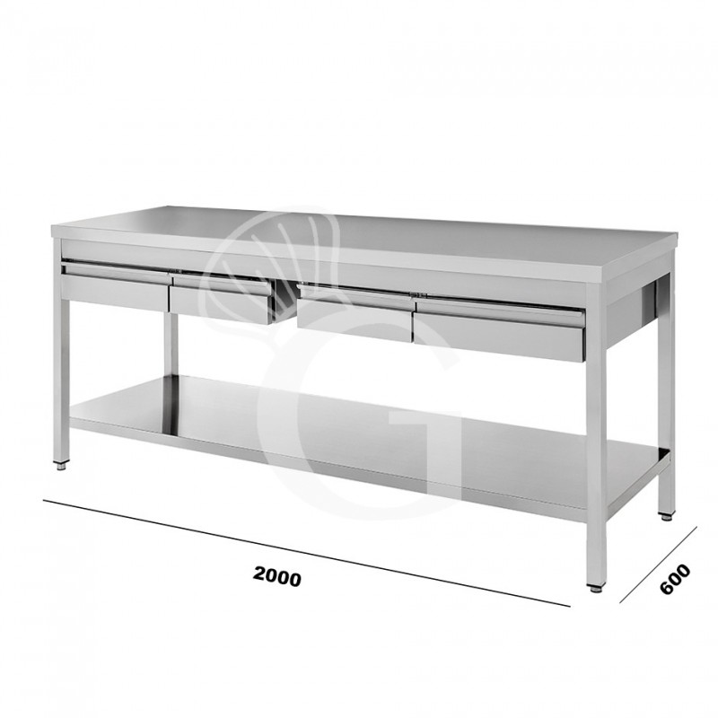 Mesa de acero inoxidable con estante y 4 cajones L 2000 mm x P 600 mm x A 850 mm