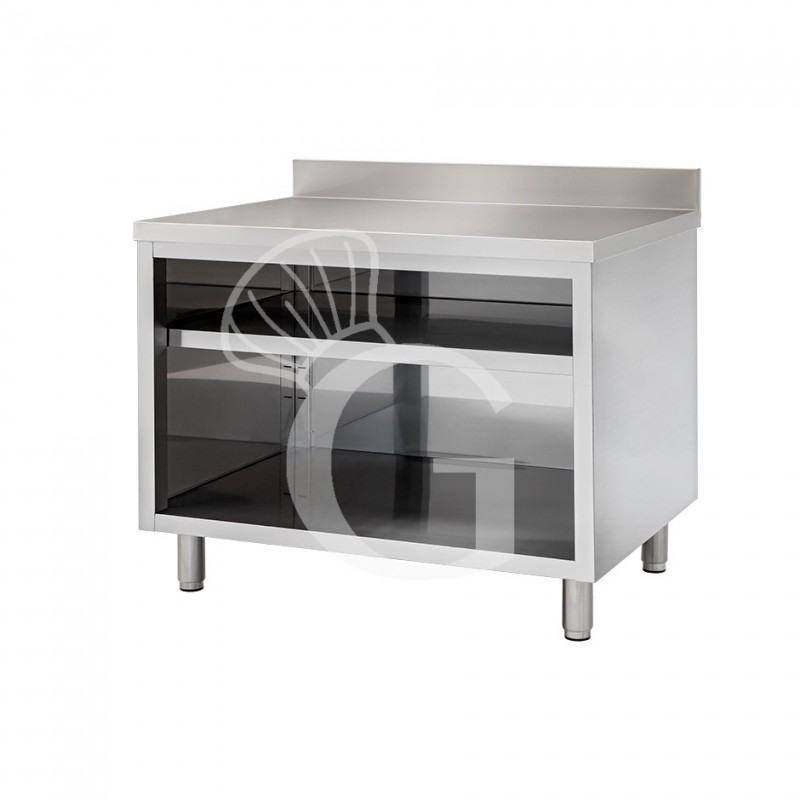 Mesa contrabarra de acero inoxidable con 2 estantes y peto L 1200 mm x P 700 mm x A 950 mm