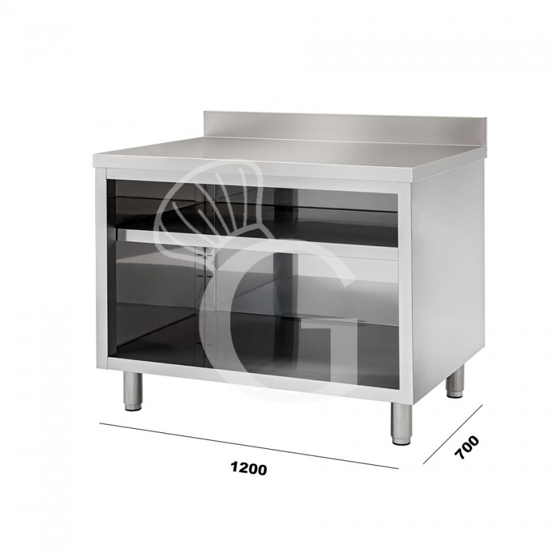 Mesa contrabarra de acero inoxidable con 2 estantes y peto L 1200 mm x P 700 mm x A 950 mm para hostelería