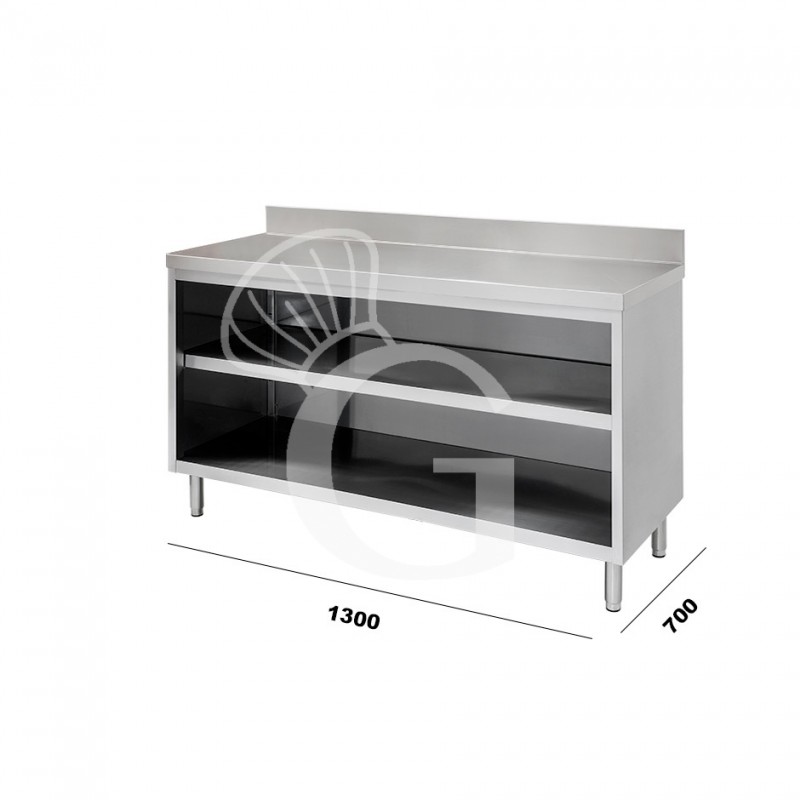 Mesa contrabarra de acero inoxidable con 2 estantes y peto L 1300 mm x P 700 mm x A 950 mm para hostelería