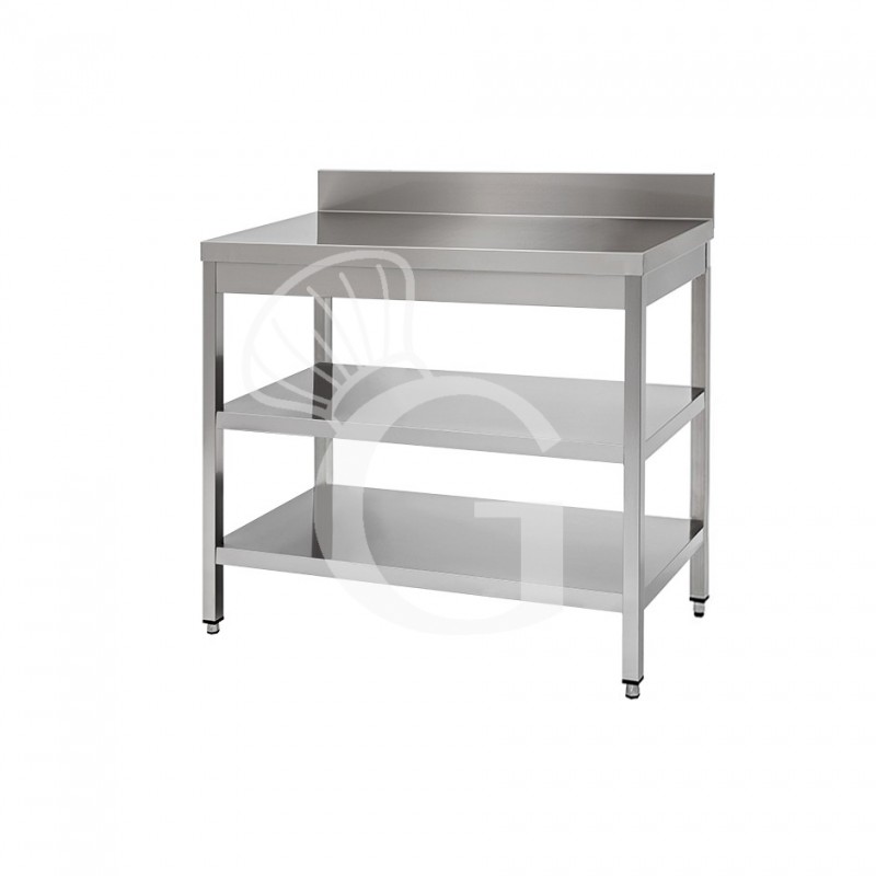 Mesa de acero inoxidable con 2 estantes y peto L 800 mm x P 600 mm x A 950 mm