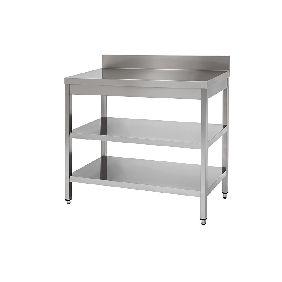 Mesa de acero inoxidable con 2 estantes y peto L 800 mm x P 600 mm x A 950 mm