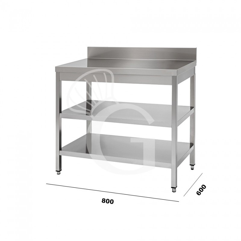 Mesa de acero inoxidable con 2 estantes y peto L 800 mm x P 600 mm x A 950 mm