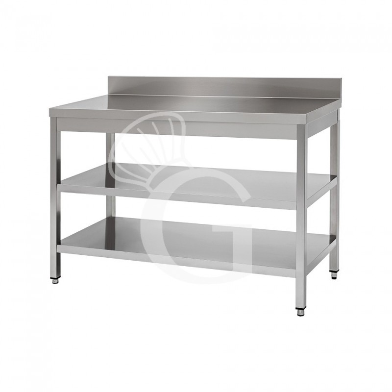 Mesa de acero inoxidable con 2 estantes y peto L 1800 mm x P 700 mm x A 950 mm