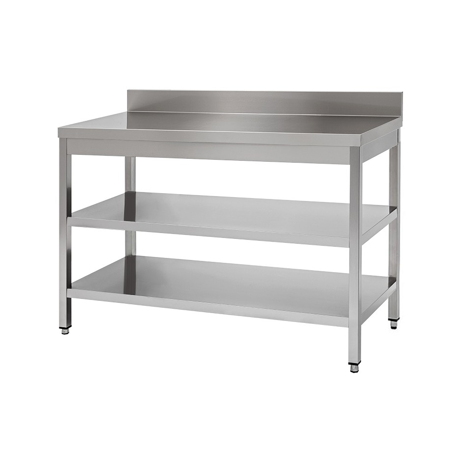 Mesa de acero inoxidable con 2 estantes y peto L 1800 mm x P 700 mm x A 950 mm